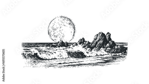 Rough ocean waves crashing against rocky shore under a large moon. Vector hand drawn illustration
