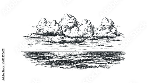 Pencil sketch of choppy ocean waves under dramatic cumulus clouds. Vector hand drawn illustration