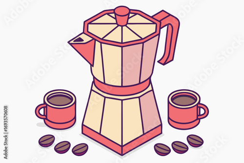 Isometric moka pot with two coffee cups and beans coffee maker