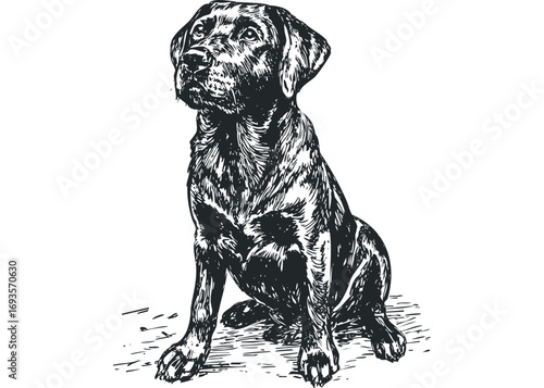 Black dog sitting on a transparent sketch. Vector hand drawn illustration