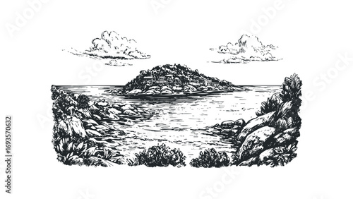 Sketch of a secluded island village nestled amidst rocky shores and lush foliage overlooking the sea. Vector hand drawn illustration