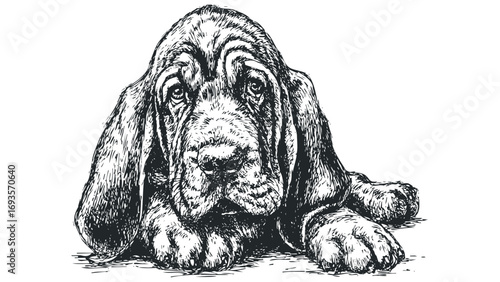Drawn Bloodhound puppy resting on a white surface, transparent. Vector hand drawn illustration