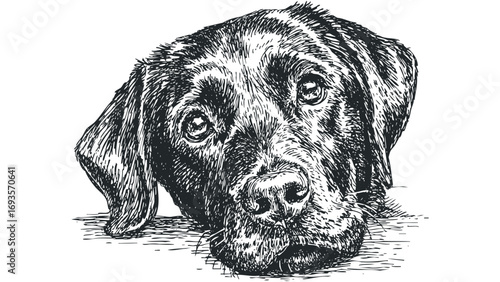 Pencil sketch of a Black Labrador Retriever dog's face with droopy ears. Vector hand drawn illustration