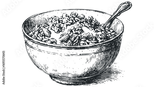 Line drawing of a bowl of cereal with a spoon on transparent background. Vector hand drawn illustration