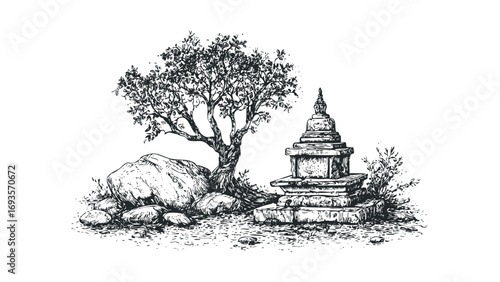 Ancient stone stupa with tree and rocks on white transparent background, line drawing. Vector hand drawn illustration