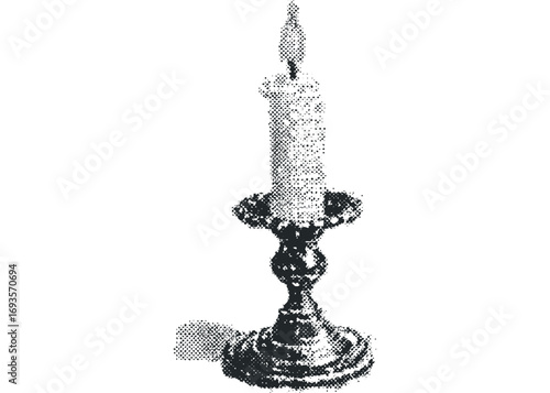 Lit candle in ornate brass candlestick image. Vector hand drawn illustration