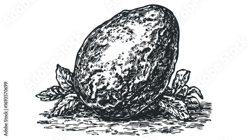 Ink Drawing of a Single Avocado with Leaves on Transparent Background. Vector hand drawn illustration
