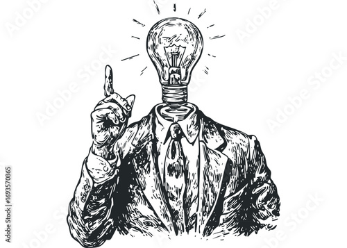 Man with light bulb head pointing up, conceptual idea image. Vector hand drawn illustration