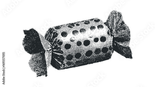 Individually wrapped hard candy with polka dot foil wrapper on transparent background. Vector hand drawn illustration