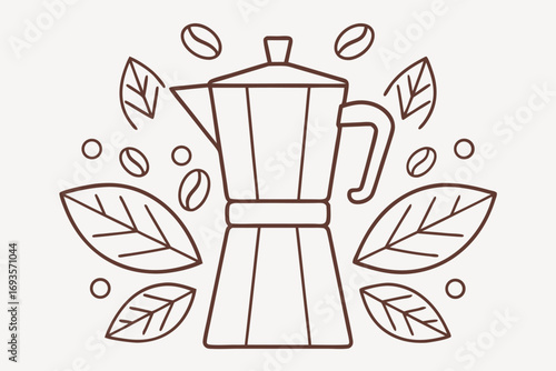 Line art illustration of a moka pot with coffee elements