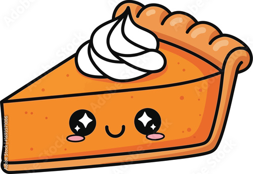 Cute cartoon pumpkin pie slice with whipped cream on a white background design