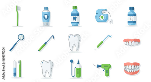 A colorful flat vector icon set of dental hygiene products and professional dentistry tools.