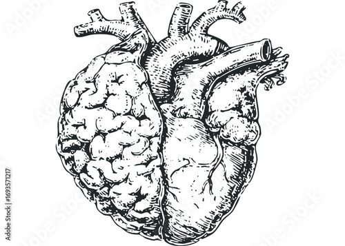 Line Drawing of Human Heart with Brain Texture. Vector hand drawn illustration