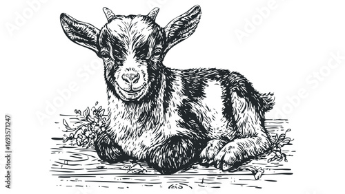 Baby goat sitting on wooden planks with foliage details. Vector hand drawn illustration