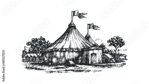 Pen sketch of a circus tent with flags and surrounding tents. Vector hand drawn illustration