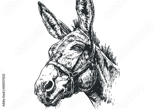 Head of a donkey with bridle, sketched on transparent background. Vector hand drawn illustration