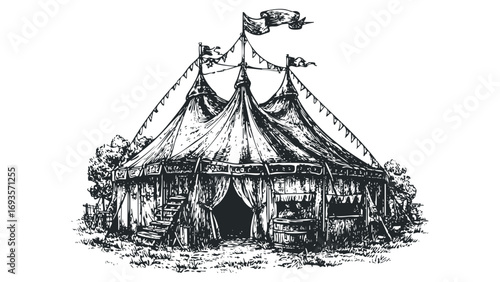 Sketch of a vintage circus tent with flags and trees, isolated on transparent background. Vector hand drawn illustration