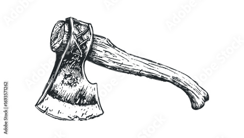 Hand Drawn Axe with Wooden Handle. Vector hand drawn illustration