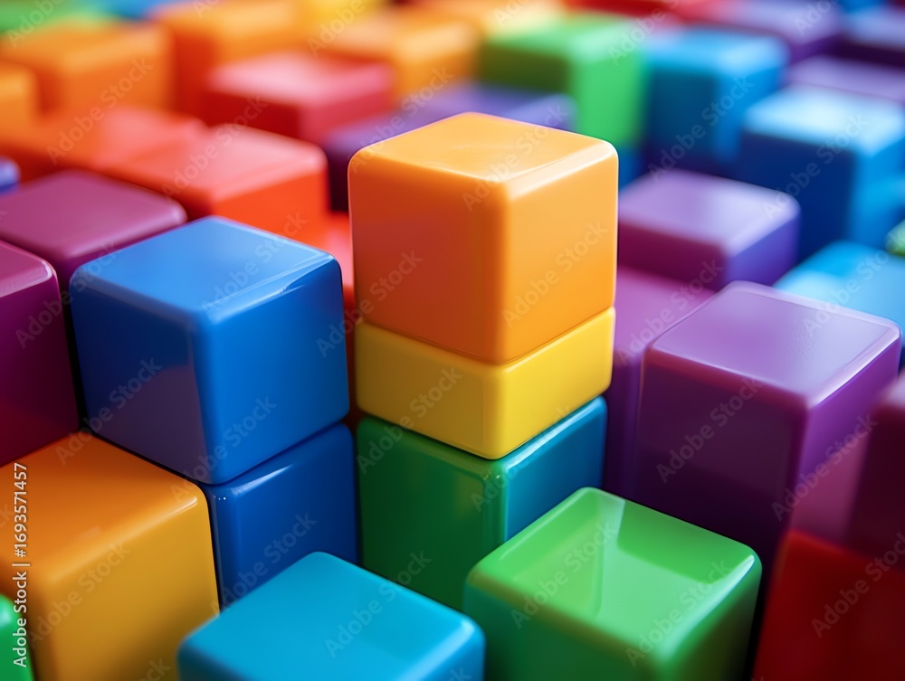 Fototapeta premium Colorful Plastic Cubes Stacked and Arranged in Bright Playful Pattern