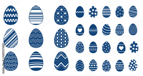 Large set of Easter egg silhouettes, coloring, lines. Set of Easter eggs with ornament. Black linear Easter icon isolated on white background