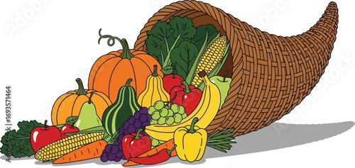 Cornucopia overflowing with autumn harvest fruits and vegetables for thanksgiving day