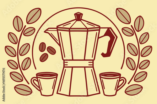 Moka pot coffee maker with cups and beans coffee beans