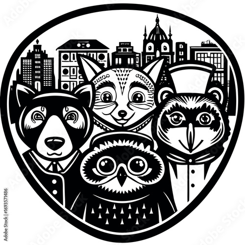 Anthropomorphic animal characters in professional attire against city skyline black and white illustration