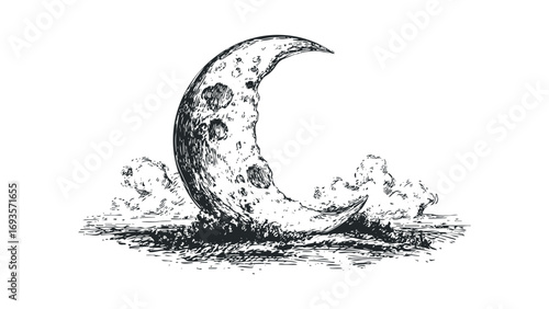 Crescent moon with craters and clouds graphic. Vector hand drawn illustration