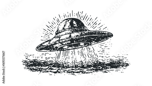 Flying saucer descending with light beam onto choppy water. Vector hand drawn illustration
