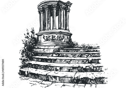 Sketch of ancient stone steps leading to a classical temple structure. Vector hand drawn illustration