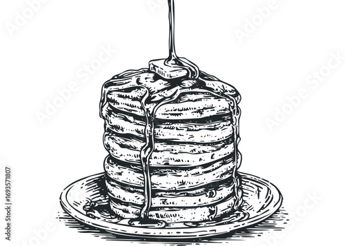Stack of pancakes with syrup and butter on plate,. Vector hand drawn illustration