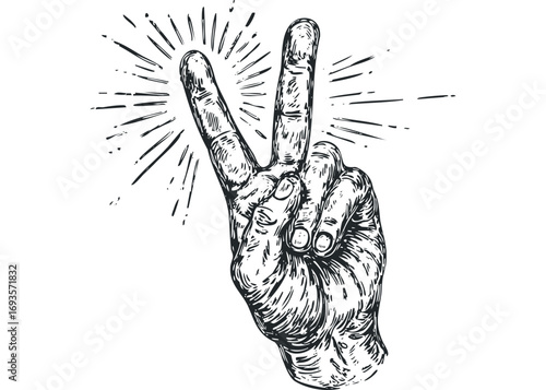 Hand gesture symbol for victory or peace sign on transparent. Vector hand drawn illustration