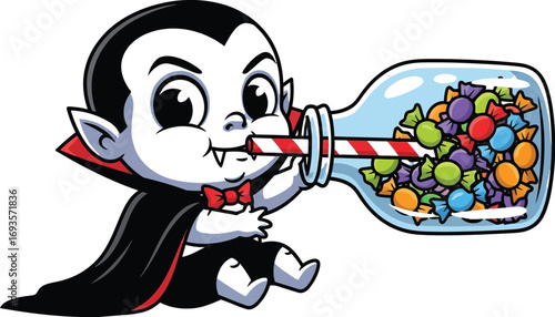 Cartoon vampire drinks candy from a jar with a straw for halloween celebration