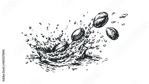 Splash of liquid with falling beans. Vector hand drawn illustration