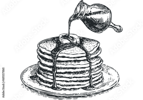Pancakes with Syrup and Butter on Plate. Vector hand drawn illustration