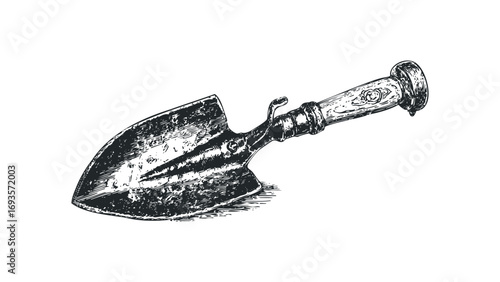 Vintage hand trowel gardening tool sketch on transparent background. Vector hand drawn illustration