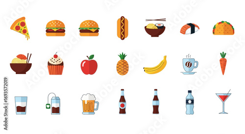 Colorful flat design icon set of various foods and drinks, including fast food, fruits, and beverages.