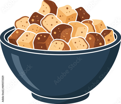 Bowl filled with delicious croutons perfect for salads and soups on a white background