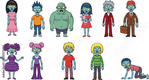 Cartoon zombie characters collection, colorful undead people illustration, cute creepy family, children and adults, Halloween design, horror theme artwork.