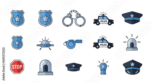 A colorful collection of police and law enforcement icons, including badges, handcuffs, cars, and hats, in a flat cartoon style.