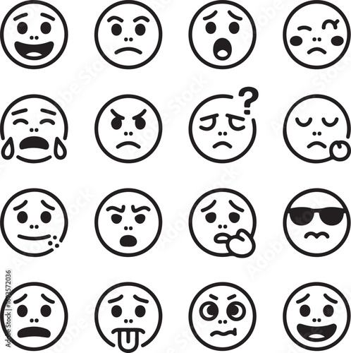 Collection of sixteen black and white emoji icons showing various emotions and expressions emoticon face