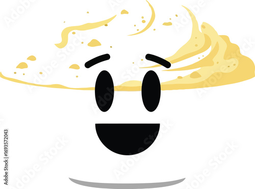 Cartoon mashed potatoes in a bowl with a happy face on a white background