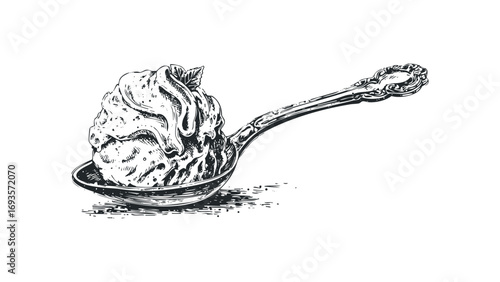 Scoop of ice cream with mint leaf on antique spoon transparent. Vector hand drawn illustration