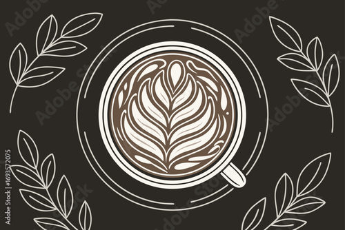 Overhead view of coffee latte art with decorative leaves