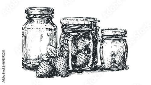 Hand drawn sketch of three glass jars with strawberries and leaves on transparent background. Vector hand drawn illustration