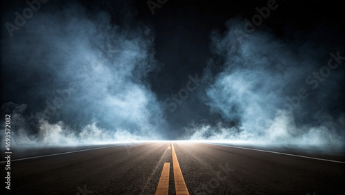 Dark Asphalt Road with Yellow Lines Emerging from Ethereal Blue Smoke and Light highway street Halloween