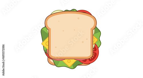A colorful cartoon illustration of a classic sandwich with fresh lettuce, tomato, and cheese on sliced bread.