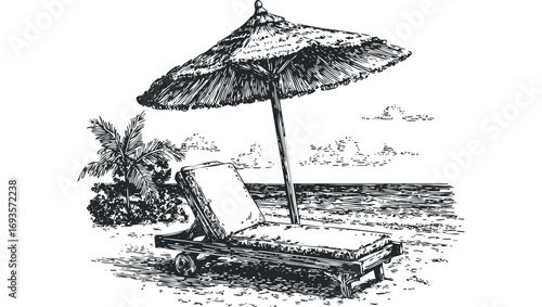 Beach lounge chair and umbrella with palm tree and ocean view. Vector hand drawn illustration