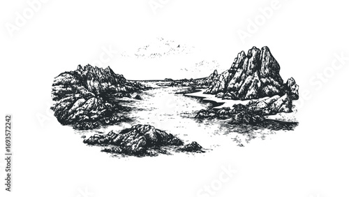 Rocky Coastline with Water and Sky Engraving. Vector hand drawn illustration