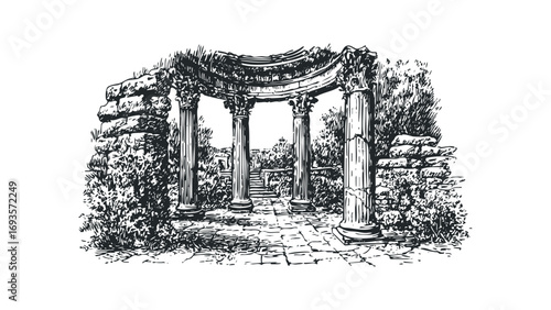 Ancient Stone Ruins with Ornate Columns and Overgrown Vegetation. Vector hand drawn illustration